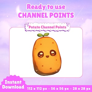 Könnte beinhalten: Eine digitale Grafik mit einer Cartoon-Kartoffel mit einem lächelnden Gesicht und kleinen grünen Sprossen. Der Text "Ready to use CHANNEL POINTS" und "Potato Channel Points" wird über der Kartoffel angezeigt. Die Wörter "Instant Download" und Pixelabmessungen sind ebenfalls enthalten.
