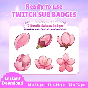 Insignias de Sakura Bloom, Subs de Twitch, Insignias de Bits, Insignias de Subs de Twitch, Insignias de Subs, Flor, Rosa, Pastel, Íconos de Puntos de Canal, Lindo, Transmisión