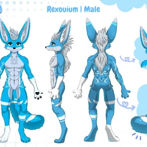 Könnte beinhalten: Eine digitale Illustration eines blauen anthropomorphen Fuchscharakters namens Trip, gekennzeichnet als Rexouium | Male. Der Charakter wird aus mehreren Blickwinkeln dargestellt und zeigt sein Design mit weißen Akzenten und einem flauschigen Schwanz. Das Bild enthält Farbfelder.