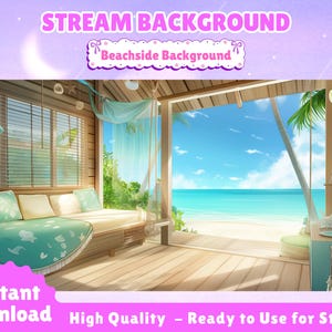 Puede incluir: Una ilustración digital de una escena de playa con una terraza de madera, un sofá y una vista del océano. El texto "Stream Background" y "Beachside Background" se muestra en la parte superior de la imagen.