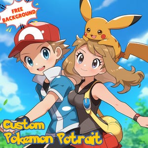 Custom Pokemon Portrait, Custom Poke Portrait, couple poke cartoon, Poke Style, Pokemon art commission, Pokemon Gift, Anime Commission