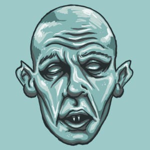 May include: A detailed illustration of a pale, bald face with a stern expression. The face is a light blue color with dark blue shading, and the eyes are closed. The mouth is open, revealing two sharp fangs. The background is a light blue.