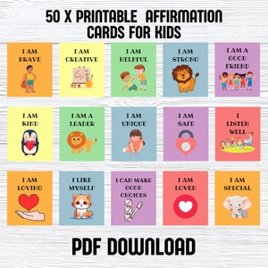 Tarjetas de Afirmación Positiva para Niños Imprimibles / Conjunto de 50 Tarjetas de Afirmación para Niños / Descarga Digital / Tarjetas de Estímulo para Niños / PDF