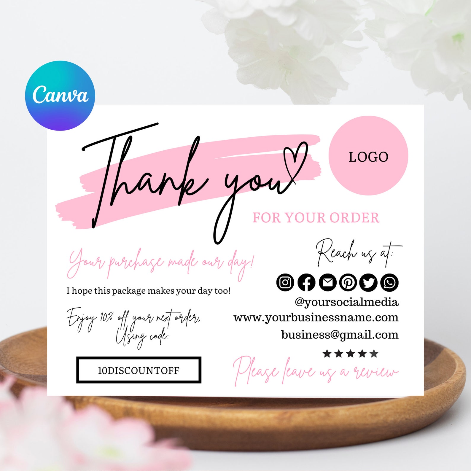Editable in CANVA Business Thank You Insert Card Template Modern Pink ...