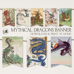 May include: Printable banner featuring illustrations of mythical dragons in various poses and colors. The banner includes the text "Mythical Dragons Banner Download & Print at Home".