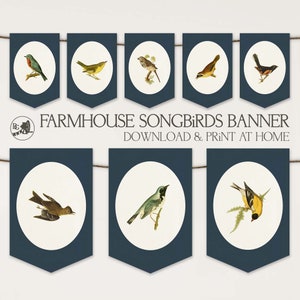 Bannière de fête des oiseaux chanteurs de la ferme à imprimer | Bruant d&#39;oiseau vintage | TÉLÉCHARGEMENT instantané d&#39;art mural guirlande en papier | Moulin à nid d&#39;abeilles 129
