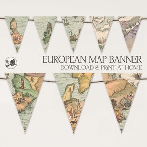Estandarte de mapa europeo vintage / Mapa antiguo de Europa / Banderas de empavesado IMPRIMIBLES / DESCARGA instantánea Garland Wall Art / 127 Bunting Grinder