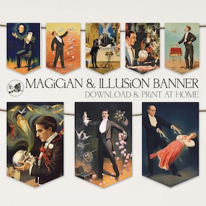Utskrivbar festbanderoll med vintagemagiker | Antika magi- och illusionsflaggor | Direkt nedladdning av väggkonst | 117 Bunting Grinder