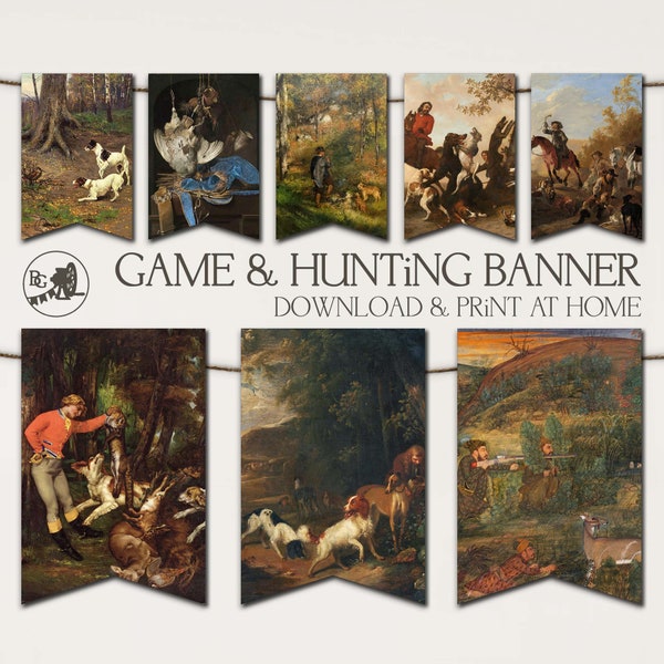 Game Hunting PRINTABLE Banner Bunting Flags | Vintage Hunting Dogs Instant DOWNLOAD Paper Garland for Mantel Wall Art | 102 Bunting Grinder