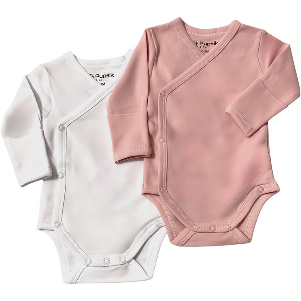 Pupsik & Co 2-pack Fold Over Cuff Long Sleeve Snap Side Kimono Bodysuit Organic Cotton for Infant Baby Boys, Girls, Unisex.