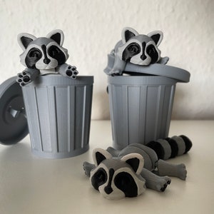 Op de afbeelding: Drie grijze plastic prullenbakken met wasbeerbeeldjes. Eén wasbeer zit in de prullenbak, één zit op de prullenbak en één ligt op de tafel.