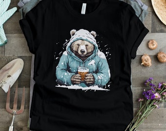 Polar Bear t-shirt, Drinking Beer shirt, Cozy winter tee, gift for him, snow weather t shirt, animal lover pattern, Cute pet design