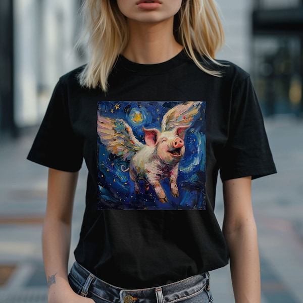 Joyful Flying Pig Shirt, Pig with Angel Wings Shirt, Animal Graphic Shirt, Animal Print, Pig Shirt, Painting Shirt, Unisex, Gift Ideas