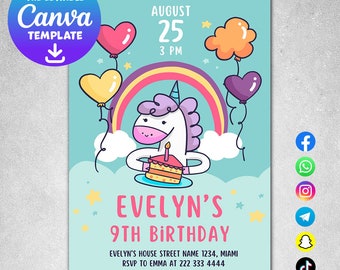 Unicorn Invitation, Rainbow Invitation, Magical Birthday Invitation, Unicorn Birthday Invitation, Editable invitation, Invitation template