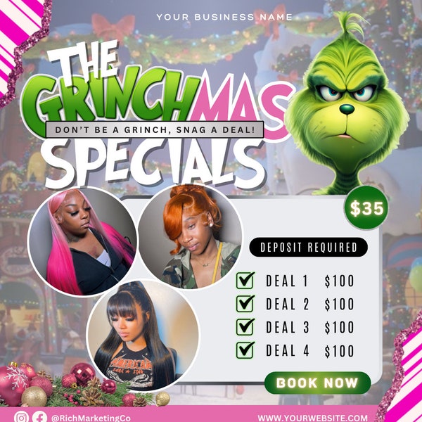 Grinchmas Flyer, December Booking Flyer, Christmas Booking Flyer, Hair Lash Nail Makeup, Holiday Booking Flyer, DIY Book Now Flyer