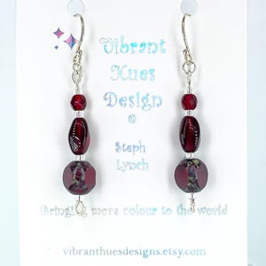 Ruby red Czech glass dangle earrings, Argentium, sterling silver, garnet colour, berry, vibrant, colourful jewellery, gift for women, her