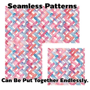 May include: A seamless pattern featuring a repeating design of pink, blue, and red watercolor stripes that cross over each other. The pattern is on a white background. The text "Seamless Patterns" is at the top of the image and the text "Can Be Put Together Endlessly." is at the bottom of the image.
