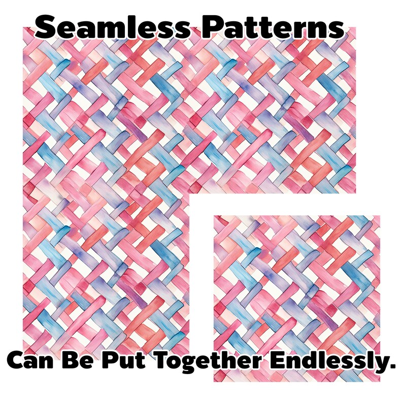 May include: A seamless pattern featuring a repeating design of pink, blue, and red watercolor stripes that cross over each other. The pattern is on a white background. The text "Seamless Patterns" is at the top of the image and the text "Can Be Put Together Endlessly." is at the bottom of the image.