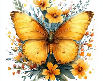 Cute Lovely Butterfly with yellow flowers Clipart Set Bundle, 10 High-Quality Images, Paper Craft, Digital Prints, Wall Art, Commercial Use