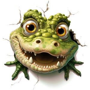 May include: A cartoon illustration of a green alligator head breaking through a white surface. The alligator has large, expressive eyes with yellow irises, a wide grin revealing teeth, and green, textured skin. The image has a playful and whimsical style.