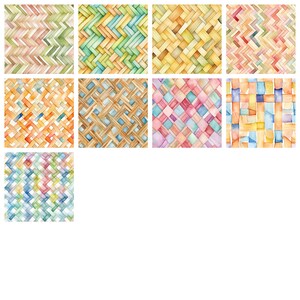 May include: Ten watercolor patterns featuring woven textures in various colors, including yellow, green, blue, pink, and orange.