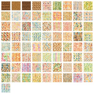 May include: A collection of 64 watercolor paintings depicting various woven patterns in shades of brown, yellow, orange, green, blue, pink, and red.