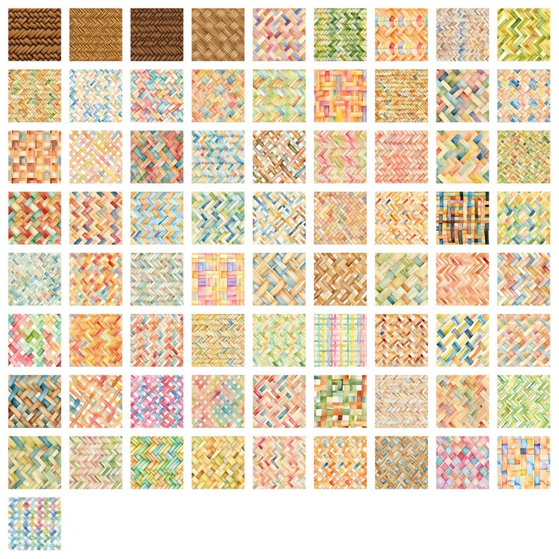May include: A collection of 64 watercolor paintings depicting various woven patterns in shades of brown, yellow, orange, green, blue, pink, and red.