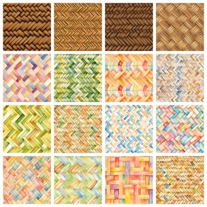 May include: A set of 16 watercolor illustrations of woven wicker patterns. The patterns are in various colors, including brown, green, blue, and pink. The illustrations are perfect for use in craft projects, scrapbooking, or as digital backgrounds.