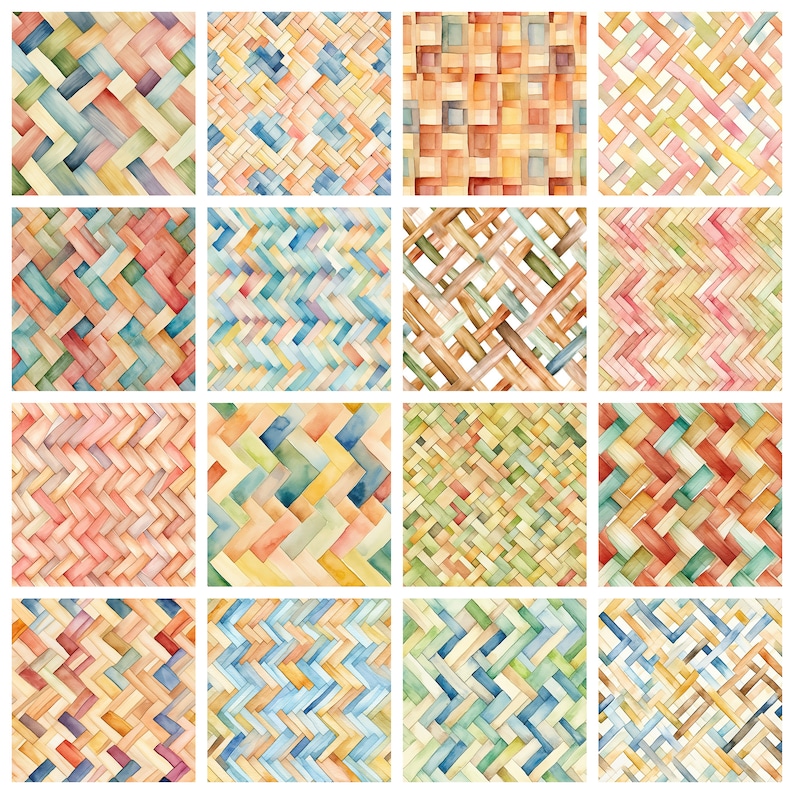 May include: A digital collage of 16 watercolor patterns featuring various woven textures in shades of blue, green, red, orange, and yellow.