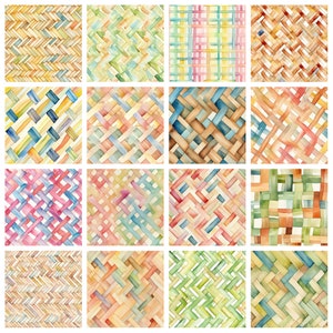 May include: A digital collage of 16 watercolor patterns featuring various shades of blue, green, yellow, orange, pink, and brown. The patterns are all woven or braided in a diagonal direction.