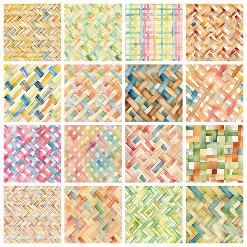 May include: A digital collage of 16 watercolor patterns featuring various shades of blue, green, yellow, orange, pink, and brown. The patterns are all woven or braided in a diagonal direction.