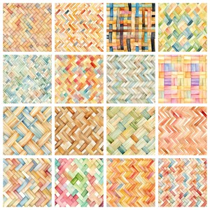 May include: A collection of 16 watercolor patterns featuring woven textures in various colors, including blue, green, yellow, orange, and brown.