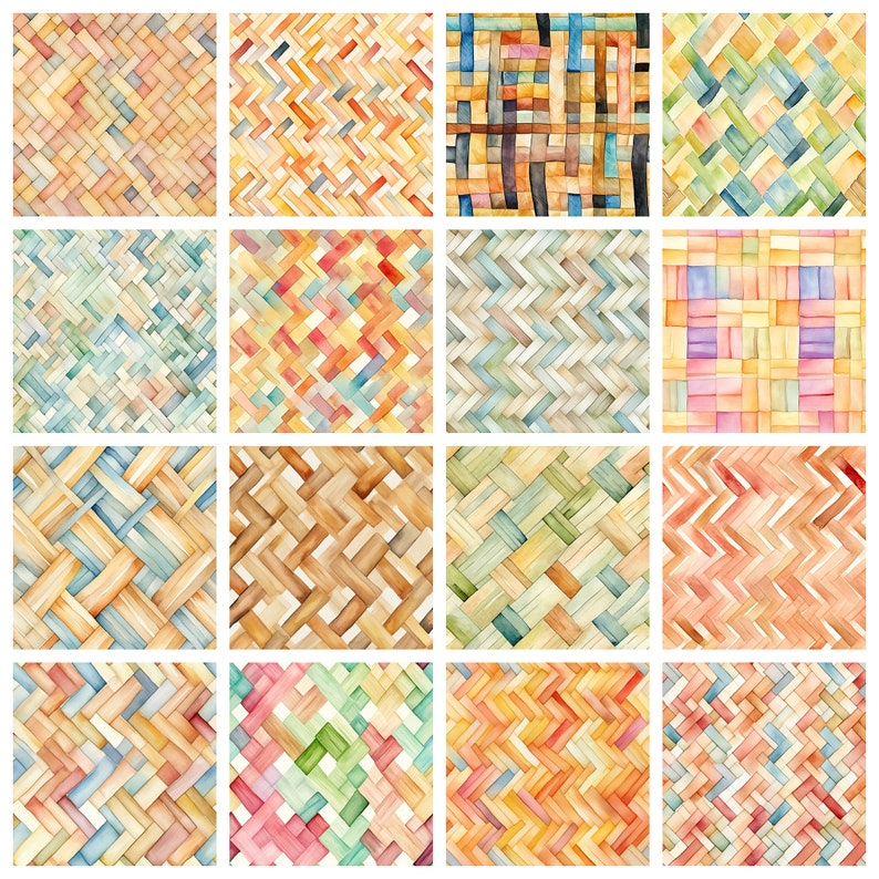 May include: A collection of 16 watercolor patterns featuring woven textures in various colors, including blue, green, yellow, orange, and brown.