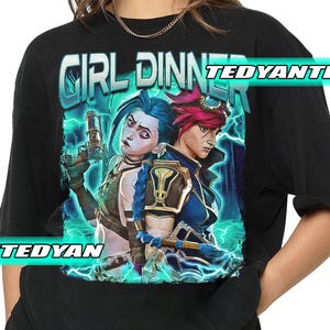 Jinx&Vi Arcane &quot;Girl Dinner&quot;Unisex Graphic Vintage-style Shirt Limited Vi Arcane Glorious Ovulation Tee, Unisex Shirt Arcane Merch TTDY10001