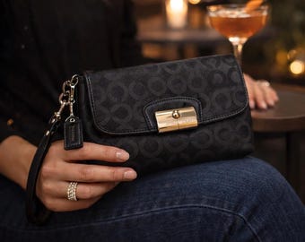 Coach Kristen Lurex Signature C Op Art Wristlet Clutch Black Jacquard