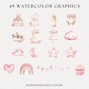 Op de afbeelding: Een set van 49 aquarelgrafische afbeeldingen met babythema. De afbeeldingen omvatten een teddybeer, een babyfles, een wolk, een ster, een maan, een regenboog, een cupcake en meer. De afbeeldingen zijn allemaal in roze en wit.