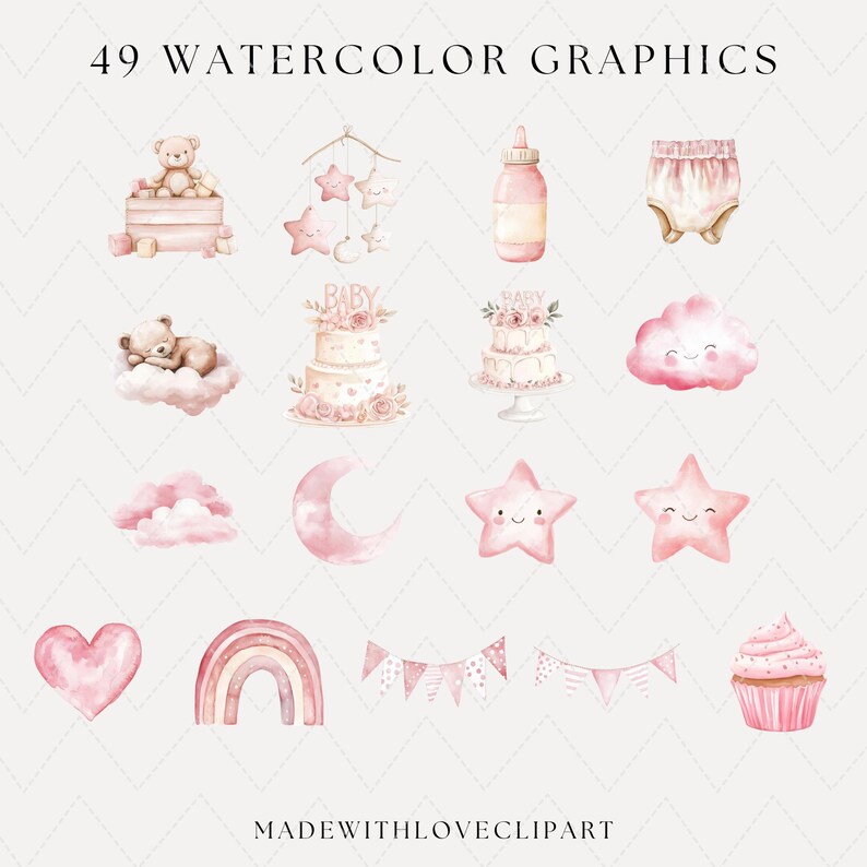 Op de afbeelding: Een set van 49 aquarelgrafische afbeeldingen met babythema. De afbeeldingen omvatten een teddybeer, een babyfles, een wolk, een ster, een maan, een regenboog, een cupcake en meer. De afbeeldingen zijn allemaal in roze en wit.