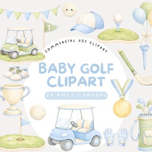 May include: Watercolor clipart set featuring baby golf-themed illustrations. Includes golf carts, golf balls, a golf club, a trophy, a golf bag, and other golf-related items in pastel colors. Text reads "Baby Golf Clipart".