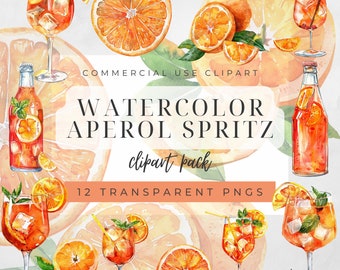Watercolor Aperol Spritz Clipart, Summer Cocktail Clipart, Alcohol Clipart, Summer Drink, Cocktail Drink, Aperol Spritz PNG, Orange, Drinks