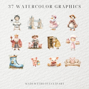 May include: A set of 37 watercolour graphics featuring various characters and objects, including a girl in a blue dress, a pig, a house, a bridge, a duck, a king, a baker, and a spider. The graphics are painted in a whimsical style with soft colours.