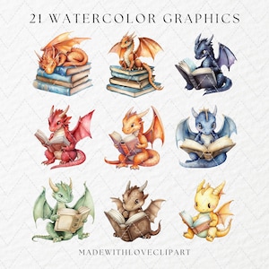 Puede incluir: 21 Gr&aacute;ficos de acuarela con adorables dragones leyendo libros. Los dragones son de varios colores, incluyendo rojo, naranja, verde, azul y amarillo. Todos est&aacute;n sentados en pilas de libros y sosteniendo libros abiertos en sus patas. El texto "MADEWITHLOVECLIPART" est&aacute; en la parte inferior de la imagen.