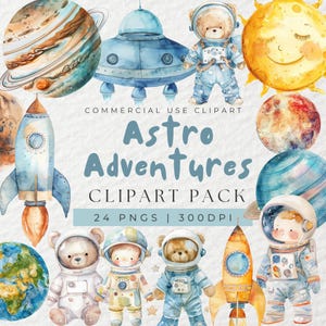Pack de cliparts espace aquarelle, clipart fusée astronaute, astronaute Clip Art, clipart baby shower, vaisseau spatial, ours en peluche, planètes, PNG