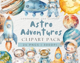 Watercolor Space Clipart Pack, Astronaut Rocket Clipart, Astronaut Clip Art, Baby Shower Clipart, Space Ship, Teddy Bear, Planets, PNG
