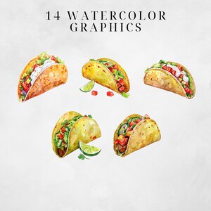 May include: Watercolor illustrations of 14 different tacos. The tacos are filled with various ingredients, including lettuce, tomatoes, onions, and cheese. The tacos are all in different positions, some are open and some are closed.