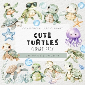 Clipart di tartarughe carine ad acquerello, Clipart di tartarughe neonate, Clipart di animali dell'oceano, tartarughe marine, decorazioni per la cameretta dei bambini, creature marine, stelle marine, meduse