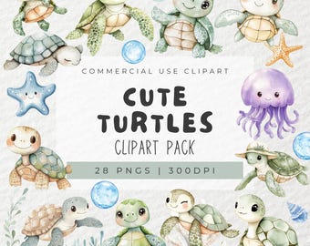 Watercolor Cute Turtle Clipart, Baby Turtles Clipart, Ocean Animals Clipart, Sea Turtles, Nursery Decor, Sea Creatures, Starfish, Jellyfish