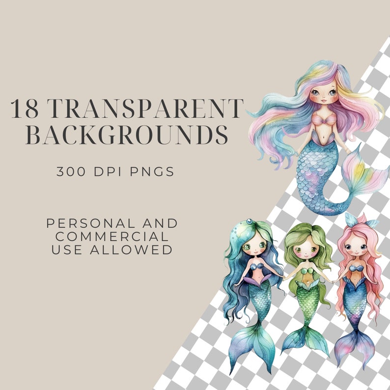 Watercolor Cute Mermaid Clipart Bundle, Mermaid Clipart, Under the Sea Clipart, Pastel Mermaids, Cute Sea Clipart, Starfish, Seashells image 4