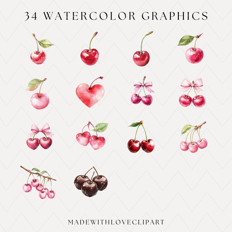 May include: 34 watercolor graphics of cherries in various colors and styles, including red, pink, and brown. Some cherries are tied with pink bows, while others are in a heart shape. The graphics are perfect for adding a touch of sweetness to any project.
