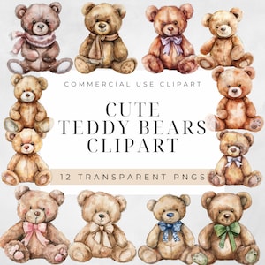 Watercolor Cute Teddy Bear Clipart Bundle, Baby Shower Clipart, Nursery Clipart, Birthday Clipart, Beige Teddy Bear Clipart, Commercial Use