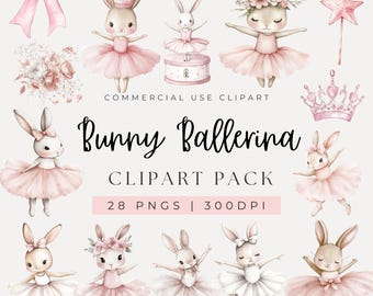 Clipart di ballerina coniglietto acquerello: 28 PNG download digitale